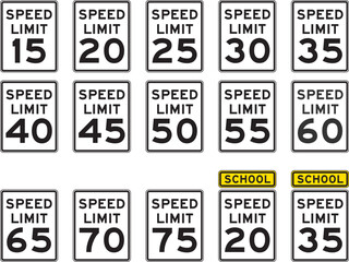 Highway Speed Limit Signs from the United States, ranging from 15 MPH to 75 MPH, including school crossing designations