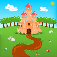 Cartoon illustration of castle with landscape