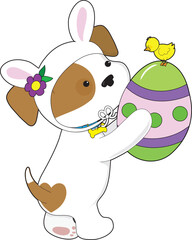 A cute puppy dressed in an Easter bunny suit, is holding a painted egg with a chick sitting on top.