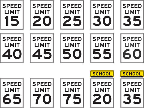 Highway Speed Limit Signs from the United States, ranging from 15 MPH to 75 MPH, including school crossing designations