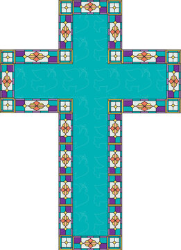 A turquoise color cross has outlines of peace doves and a stain glass border.