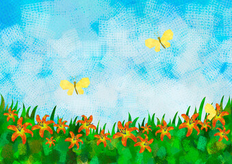 青空とお花畑と蝶　水彩　イラスト　背景
