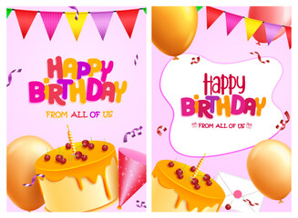Happy birthday vector poster set design. Birthday greeting text with party elements background. Vector illustration for card and invitation template.