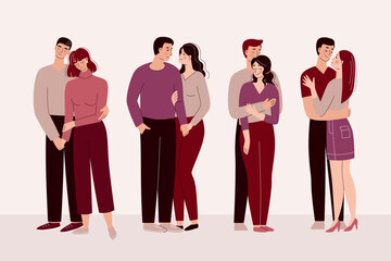 Set of beautiful young men and women hugging, loving couples. Valentine's day, love, date. Flat vector illustration