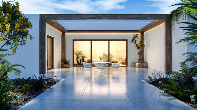 3D render of modern patio with wooden pergola at dusk