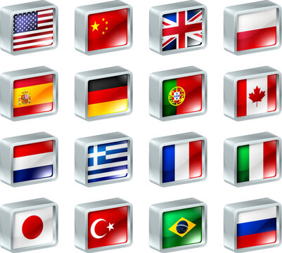 Flag icons or buttons, can be used as language selection icons for translating web pages or region selection or similar.
