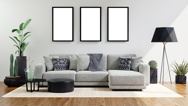 3d render of modern interior with three rectangular photo frame mockups above sofa