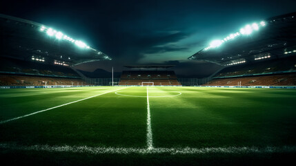 Modern soccer football stadium with floodlights cinematic background. Generative Ai