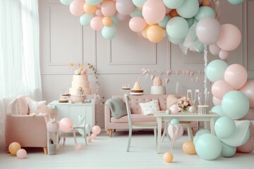 Kids birthday pastel color decorations - gifts, toys, balloons, garland and figure for little baby party. Generative AI - 608605793