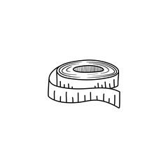 Measuring tape in doodle style. Isolated outline. Hand drawn vector illustration in black ink on white background.