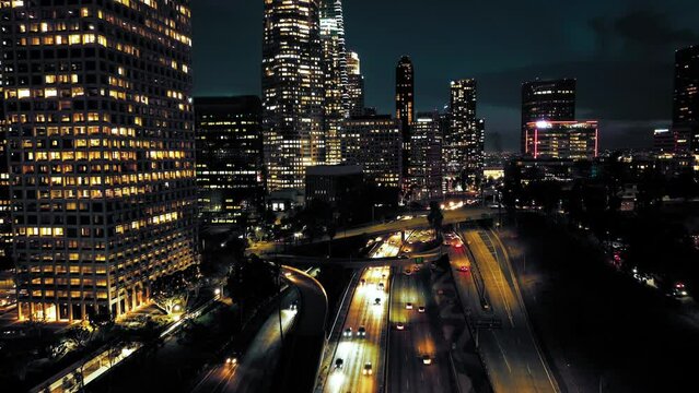 Aerial view of a Downtown Los Angeles. Aerial California Los Angeles Aerial video of downtown Los Angeles at night.  Downtown Los Angeles. Aerial panoramic view over the night cityscape. 
