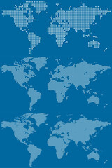 Set of dotted (circular pixel) world maps. Vector illustration