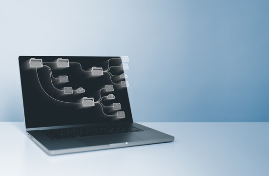 Computer laptop and data Document Management System (DMS) icon with cloud online documentation database and digital file storage system or software, records keeping, database technology, file access.