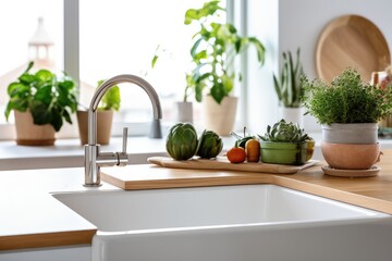 Wooden kitchen utensils on white modern kitchen background. Home kitchen decor concept, front view. Generative AI
