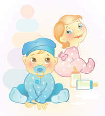 Vector illustration of two babies, girl and boy