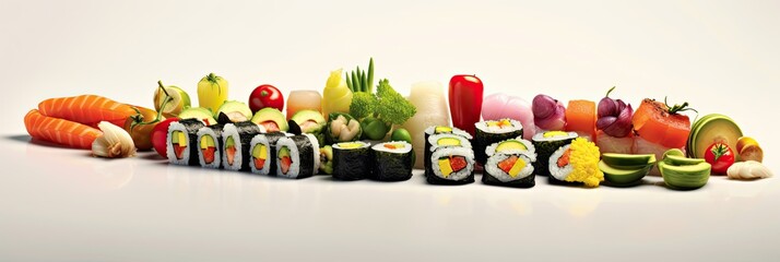 banner assorted sushi nigiri and maki big set on slate. a variety of japanese sushi with tuna, crab, salmon, eel and rolls. top view. generative ai technology