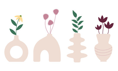 Set of flowers in vases isolated. Vector illustration