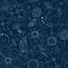 Fototapeta na wymiar Floral seamless pattern on a dark blue background