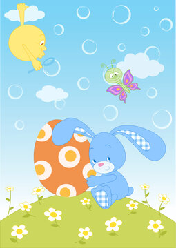 Easter rabbit with egg among the chamomiles under the sun which blowing bubbles. Also available as a Vector in Adobe illustrator EPS 8 format.