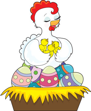 A happy hen holds her chicks with her wings, as she sits on the painted Easter eggs which fill her nest.
