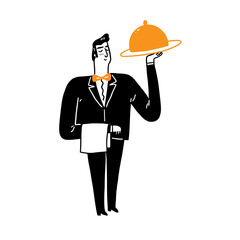 Attractive young waiter in tuxedo holding serving tray with metal cloche and napkin.