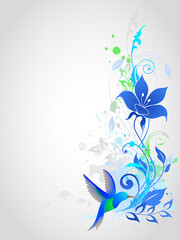 Fototapeta na wymiar Blue vector background with floral ornament and humming-bird