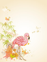Naklejka premium Vector background with Pink flamingo and butterflies
