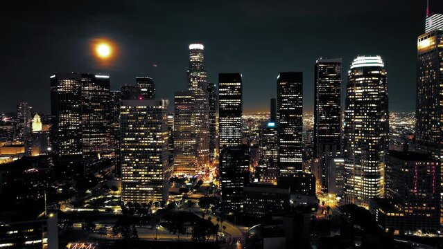 Aerial view of a Downtown Los Angeles. Aerial California Los Angeles Aerial video of downtown Los Angeles at night.  Downtown Los Angeles. Aerial panoramic view over the night cityscape. 