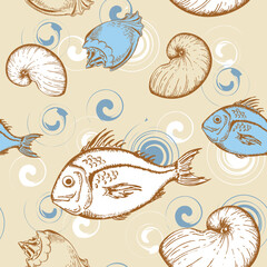 vector marine seamless pattern with fish and shells