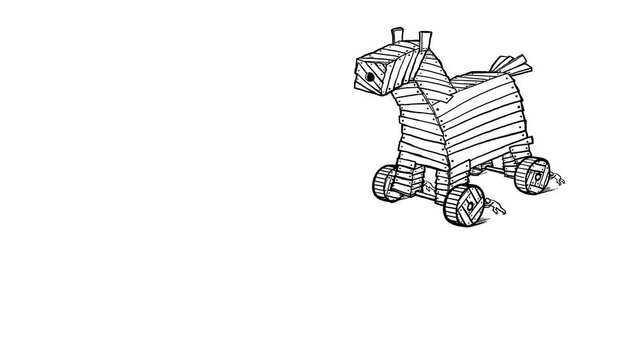 Cartoon wooden Troyan horse animation whiteboard moving. Pushed by a few people with ropes. Business metaphor. Mythological symbol of betrayal, deception or computer virus for explainer.
