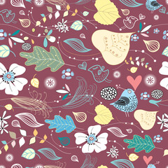 seamless pattern of leaves and birds on the burgundy background