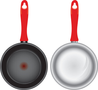 Steel and Teflon pans with silicone with a red pen. Vector illustration.