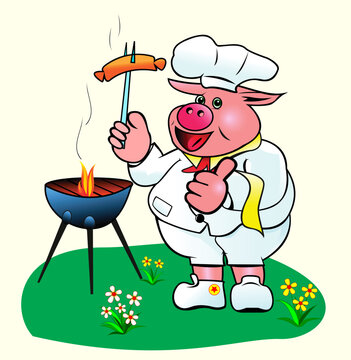 Pig chef prepares sausages on the barbecue.