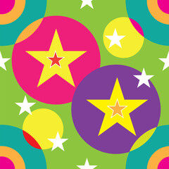 A seamless pattern comprised of circles and stars and light colors.