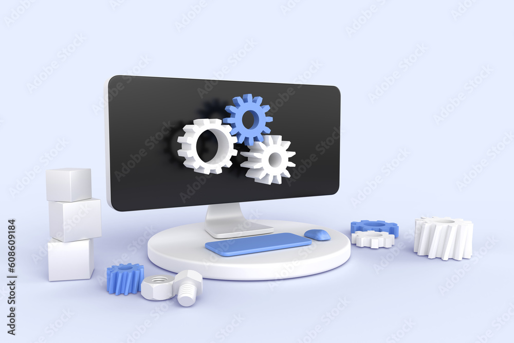 Poster computer service isometric 3d render. technical support with gears on pc screen, settings and option