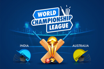 World Cricket Championship League Concept India vs Australia match header or banner with cricket ball, bat and winning trophy on stadium background.
