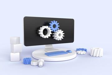 Computer service isometric 3d render. Technical support with gears on pc screen, settings and options icons. Concept of upgrading software and programs, install and repair, web banner. 3D illustration