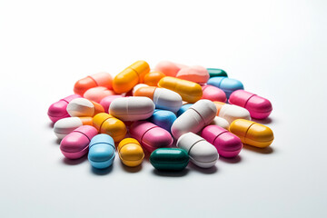 medicine in tablets of different colors on a white background