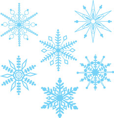 Naklejka na ściany i meble A seamless pattern comprised of stylized, blue snowflakes, over a transparent background.