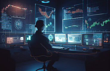 Embracing the Blockchain Future: Modern Trader Strategically Navigating the Volatile Landscape of Cryptocurrency Markets across Multiple Screens, Redefining Finance in the Digital Age