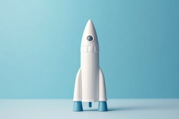 White flying rocket on blue background. Catroon space shuttle. Generative AI