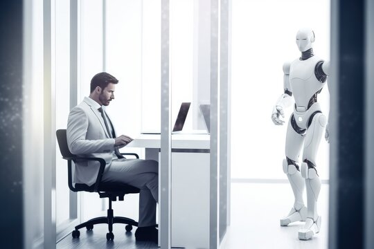 White robot working with laptop, looking at businessman standing near exit door in modern white office background. Generative AI