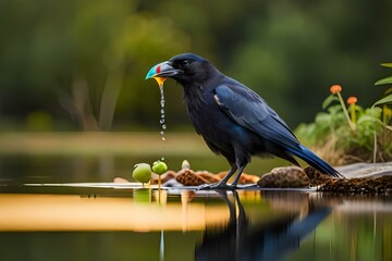 Naklejka premium A clever and determined crow standing near a water pitcher, using its beak to tilt the pitcher and drink water, just like in the beloved children's story 'Thirsty Crow
