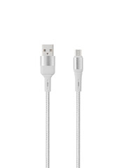 White cable for charging and synchronization with Type - C, USB, Micro USB, Lightning connectors on a white background