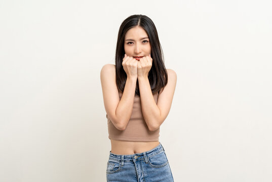 Young asian woman feel cold. Sick fever  woman get cold form Seasonal problems shaking and freezing for winter on isolated white background.
