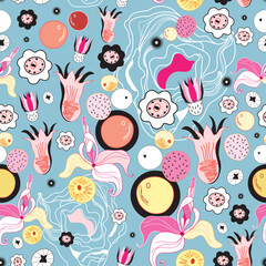 Seamless floral pattern with fruit on a blue background
