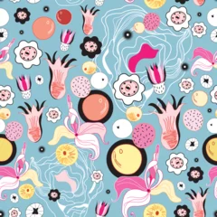 Rollo Seamless floral pattern with fruit on a blue background © Designpics