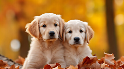 Photo of two Small Puppies, Dogs Photography in warm colours. Perfect for Wallpaper wide screen Background