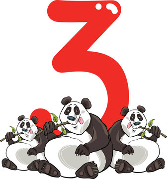 cartoon illustration with number three and panda bears