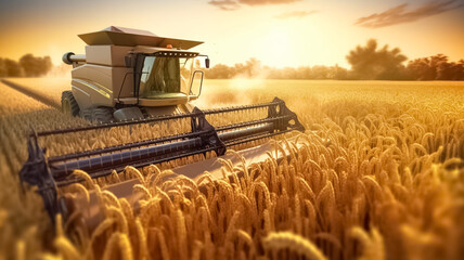 Close view of modern combine harvester working on a wheat crop. Harvesting the wheat. Agriculture.